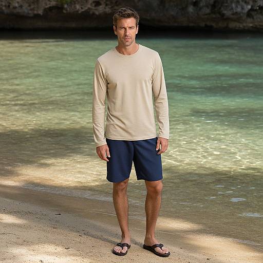 Photograph of a middle-aged man with short brown hair, wearing a beige long-sleeve shirt, navy shorts, and black flip-flops,