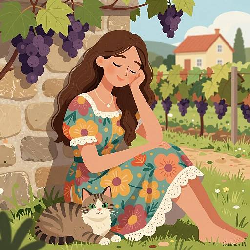 Charming Vineyard Scene with Woman and Cat