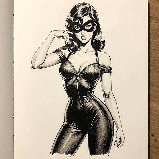 Black-and-white ink drawing of a sexy, masked woman in a tight, strapless leather bodysuit, striking a confident pose.