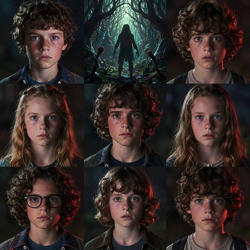 Photograph collage of six children with curly brown hair, blue eyes, and serious expressions, in dark, atmospheric lighting with a forest silhouette background.