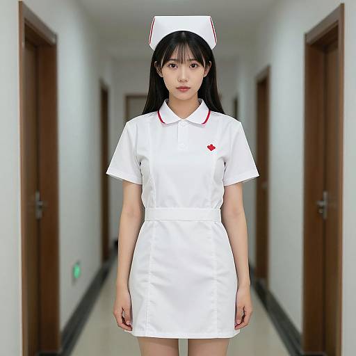 Photograph of an Asian woman with long black hair, wearing a white nurse uniform with red trim and hat, standing in a long, white, narrow