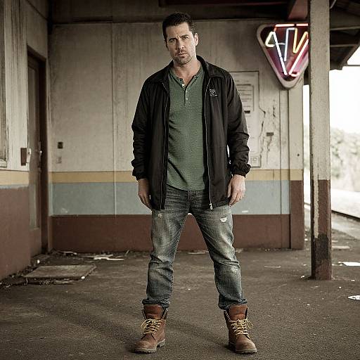 Photograph of a rugged, Caucasian man with short brown hair, wearing a black jacket, green shirt, blue jeans, and brown boots, standing in