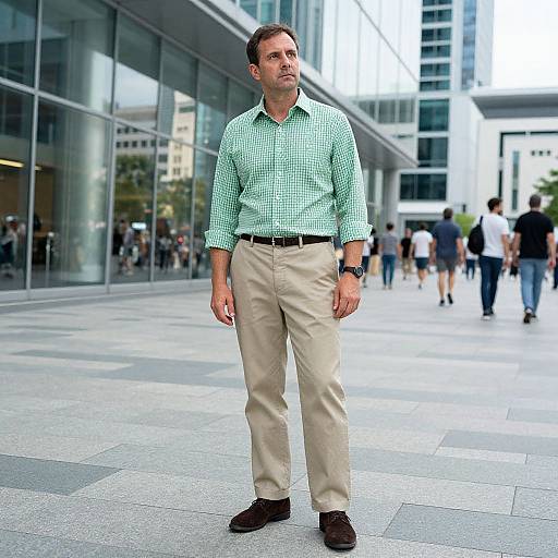 Photograph of a Caucasian man with short brown hair, wearing a green checkered shirt, beige pants, black belt, and brown shoes, standing on