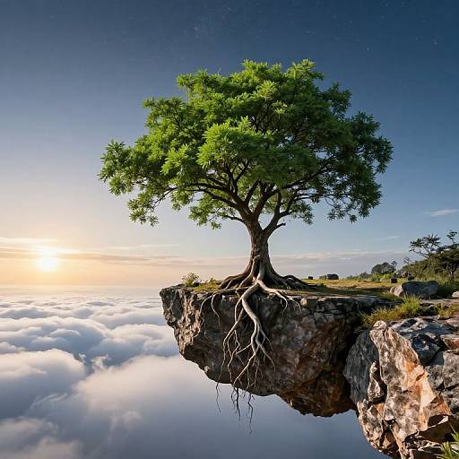 Photorealistic image of a lone, green-leaved tree with exposed roots, floating on a rocky cliff above a sea of clouds, under a clear