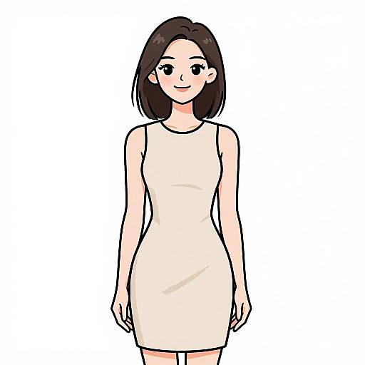 Digital anime-style drawing of a smiling young woman with straight black hair, wearing a sleeveless, form-fitting beige dress, standing against a plain white