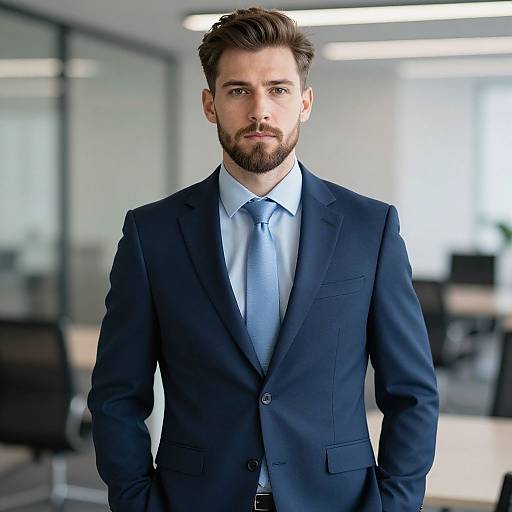 Photograph of a handsome, bearded man with light skin, brown hair, wearing a dark blue suit, light blue shirt, and matching tie,