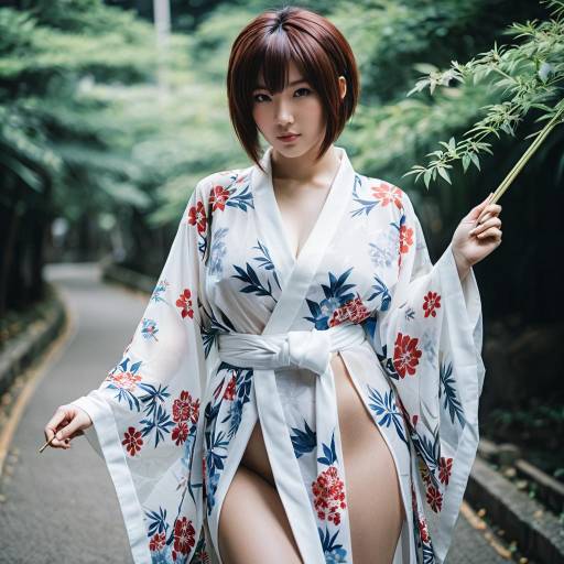 Woman in Sheer Floral Kimono with High Slit