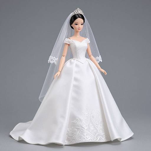 Photograph of a doll in a white, lace-trimmed wedding gown with a tiara and veil, standing against a gray background.