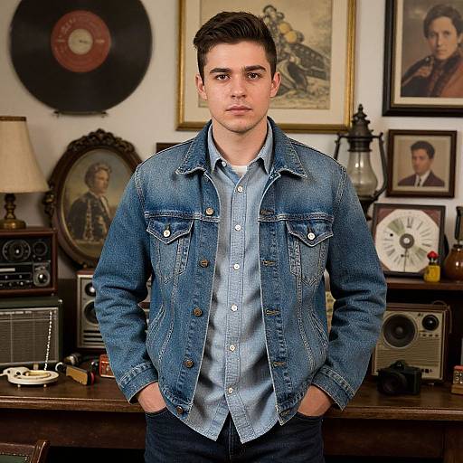 Photograph of a young man with short dark hair, wearing a blue denim jacket over a light blue shirt, standing in a vintage-styled room with
