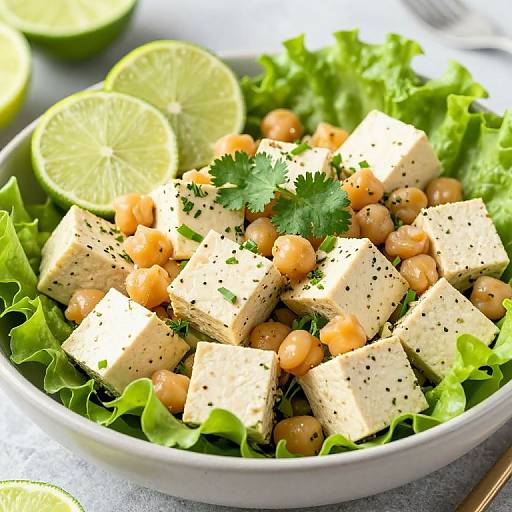 Photograph of a fresh salad with cubed tofu, chickpeas, leaf lettuce, parsley garnish, and lime slices in a white bowl.