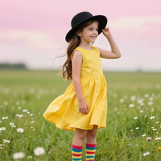 Photograph of a young girl in a yellow dress and black hat, smiling, standing in a grassy field with daisies, wearing rainbow-striped