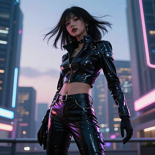Cyberpunk cityscape at dusk, dark-haired woman in shiny black leather crop top and pants, neon lights, confident stance. Digital art.
