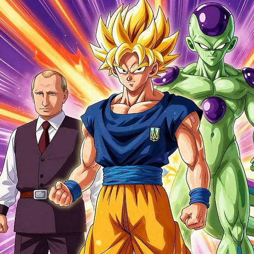 Digital art of Goku, Vegeta, and a human in a suit with dynamic, colorful background; Goku muscular, blue shirt, yellow pants; Veget