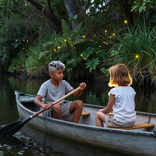 Children Rowing on River with Fireflies