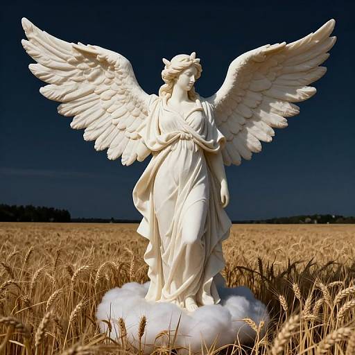 Photograph of a white marble angel statue with large wings, standing in a golden wheat field under a dark blue sky.