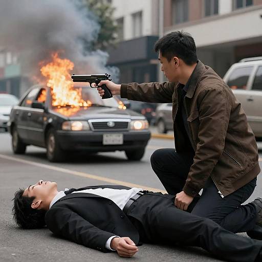 Kneeling Gunman Amid Urban Car Fire