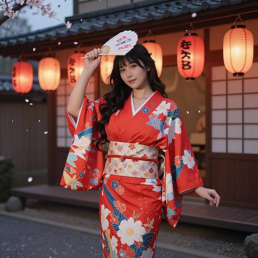 Photograph of an Asian woman in a vibrant red floral kimono, holding a fan, standing in a traditional Japanese lantern-lit street at dusk.