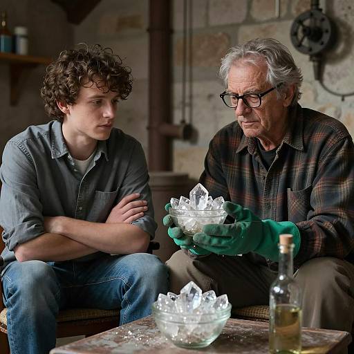 Two Men Examining Crystals Indoors