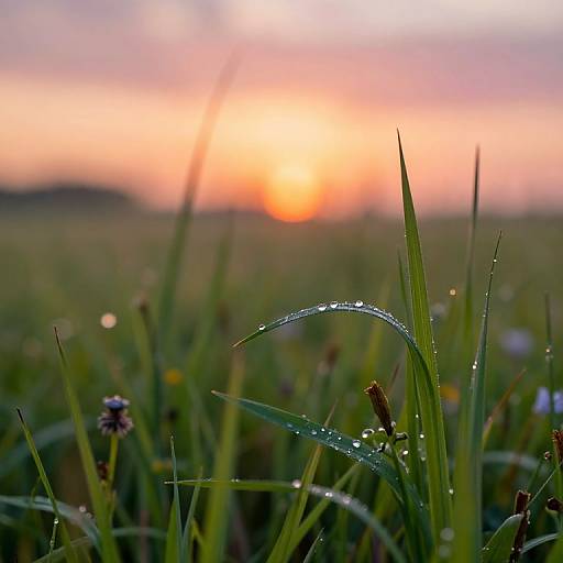 Photograph of a dew-covered grass blade with a vibrant sunset in the background, showcasing orange, pink, and purple hues.