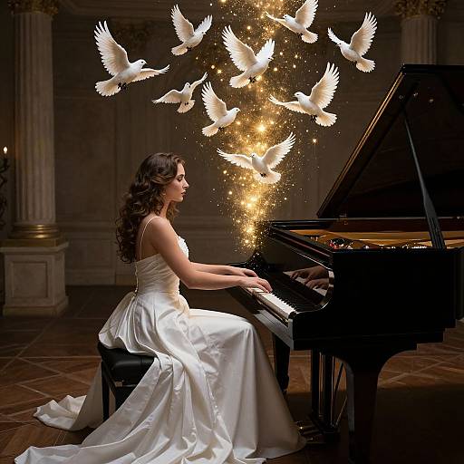 Photograph of a dark-haired woman in a white satin dress playing a grand piano, surrounded by glowing, ethereal white doves.