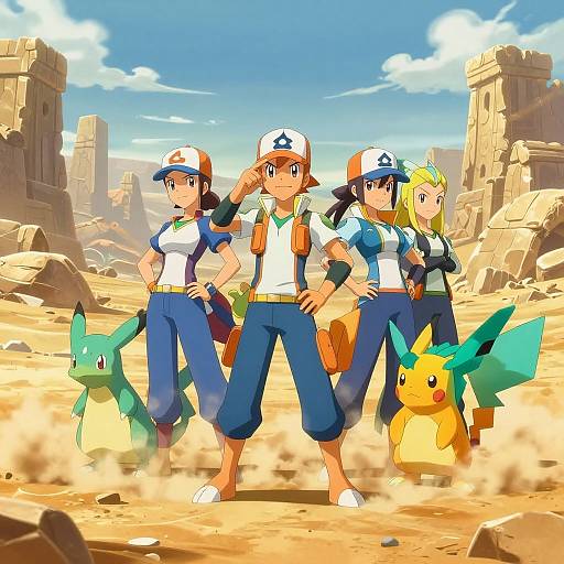 Digital anime-style image of four Pokémon trainers and two Pokémon, Raichu and Pichu, standing confidently in a sunlit, rocky desert.