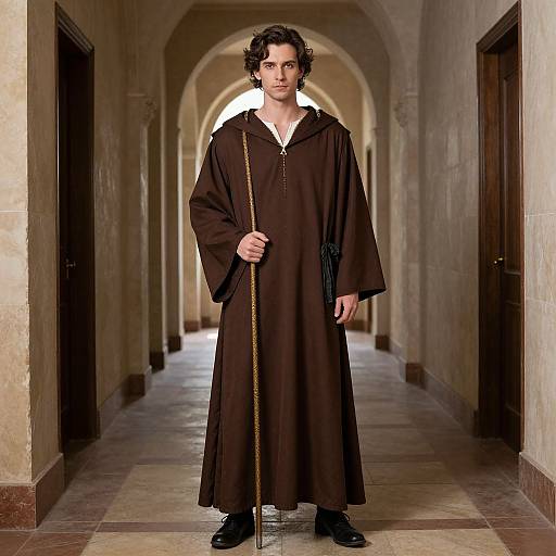 Photograph of a curly-haired man in a long, dark brown monk's robe holding a golden staff, standing in a dimly lit, arched