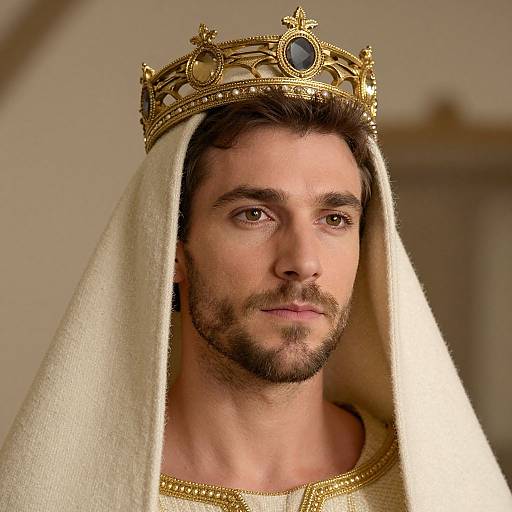 Photograph of a bearded man with brown eyes, wearing a gold crown and white robe, looking serious, with a blurred indoor background.