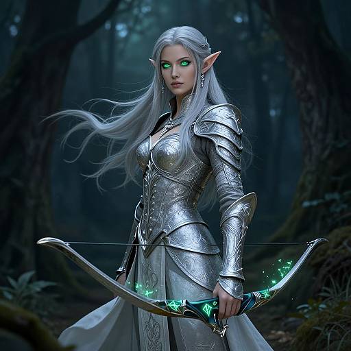 Digital artwork of a silver-haired elf warrior with glowing green eyes, wearing silver armor and holding a glowing green bow in a dark forest.