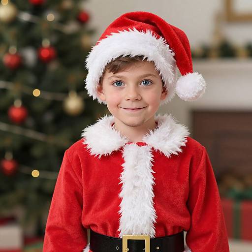 Photograph of a young boy with blue eyes, wearing a red Santa hat and red velvet outfit with white trim, smiling in front of a Christmas tree