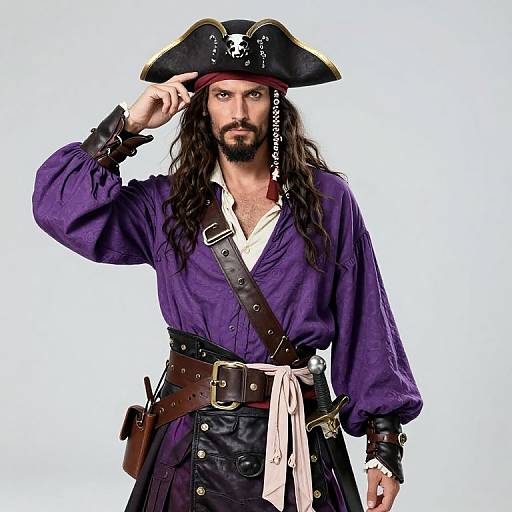 Photograph of a bearded man in a pirate costume: purple shirt, black tricorn hat with skull emblem, brown belt, black pants, white