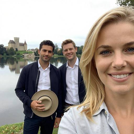 Group of Friends by Scenic Lake and Castle