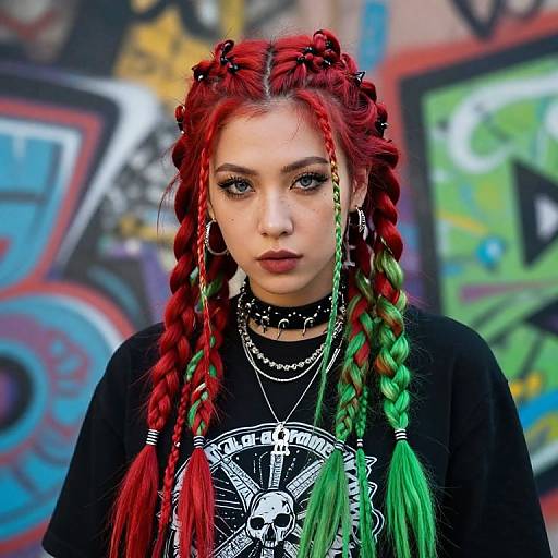 Photograph of a pale-skinned woman with bright red and green braided hair, wearing a black graphic tee and multiple chokers, set against a