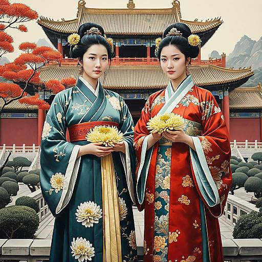 Chinese Goddess Twin Portrait in Traditional Attire