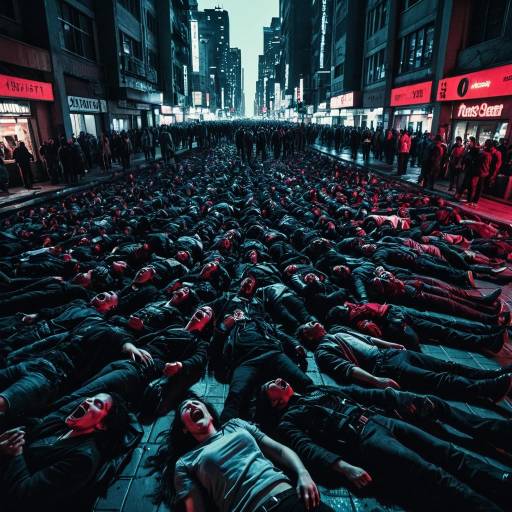 Cyberpunk Crowd Lying on Street Screaming