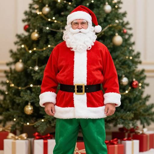 Santa Suit Man by Christmas Tree