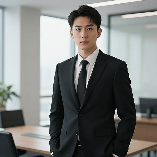 Photograph of a young Asian man in a black suit, white shirt, and black tie, standing in a modern, brightly lit office with large windows