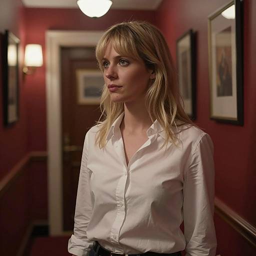 Elegant Woman in Dimly Lit Hallway