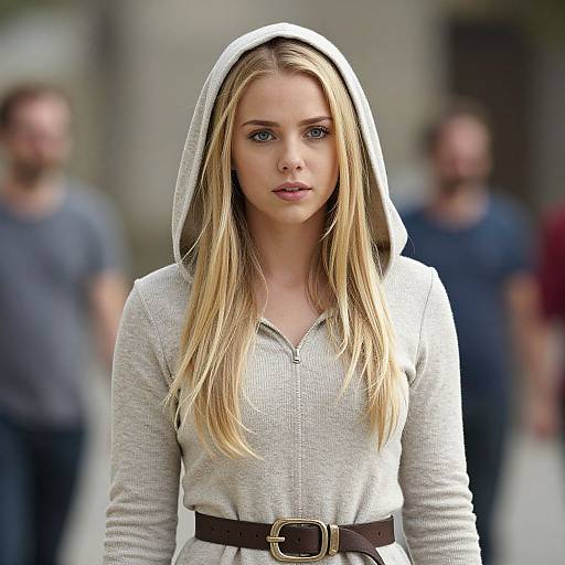 Photograph of a blonde woman with blue eyes wearing a grey hooded dress and brown belt, standing in a blurred urban setting.