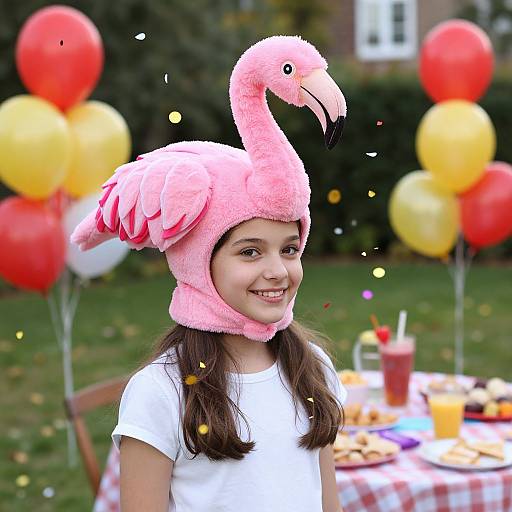 Photograph of a smiling young girl with brown hair wearing a pink flamingo hat, standing in a backyard with colorful balloons and a picnic table.