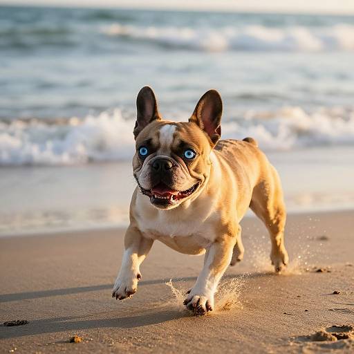 Photograph of a tan French Bulldog with striking blue eyes, running on a sandy beach with gentle ocean waves in the background.