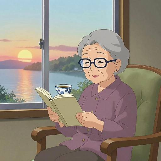 Elderly Woman Reading by Lakeside