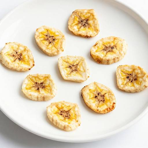 Photograph of seven banana slices with browned edges, arranged on a white circular plate, highlighting their yellow centers and textured edges.