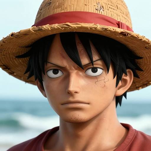Digital portrait of anime character Monkey D. Luffy, with straw hat, black hair, serious expression, red shirt, and a scar above left eye