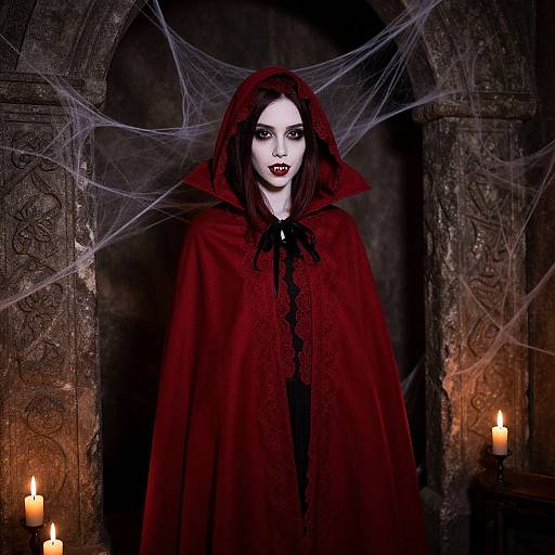 Digital gothic artwork of a pale woman with dark red lipstick, wearing a dark red hooded cloak, surrounded by candlelight and spider webs in a