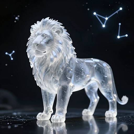 Glowing, transparent lion sculpture illuminated with blue-white lights, standing against a dark background with a constellation pattern. Photorealistic CGI.
