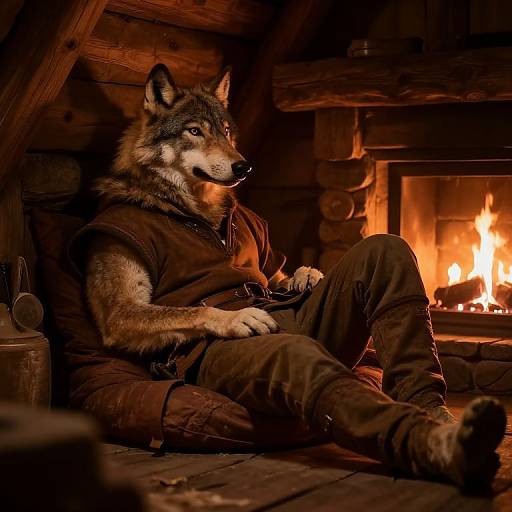 Photograph of an anthropomorphic wolf with gray and brown fur, wearing brown medieval-style clothing, sitting by a roaring fireplace in a wooden cabin, illuminated