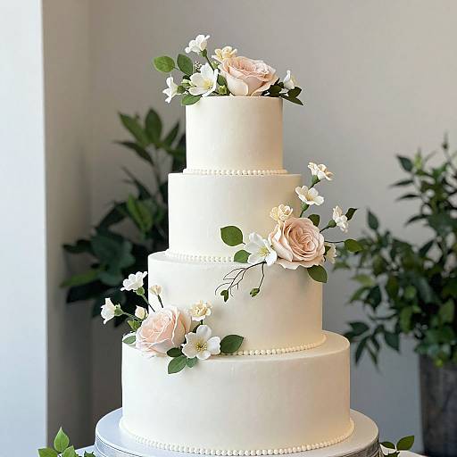 Photograph of a three-tiered white wedding cake adorned with pale pink roses and white flowers, set against a background of green potted plants.