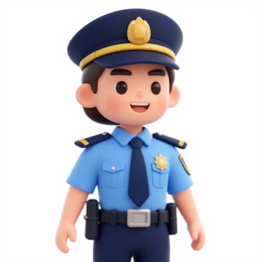CGI cartoon of a cheerful, young male police officer with light skin, black hair, blue uniform, navy hat, black tie, and badge.
