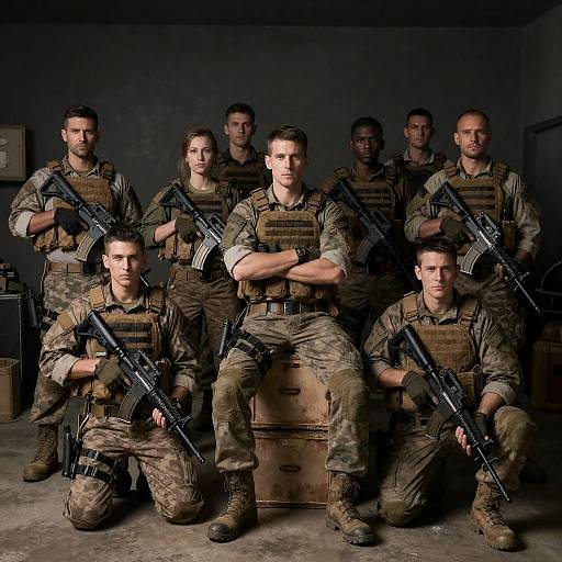 Intense Portrait of Armed Soldiers in Dim Light