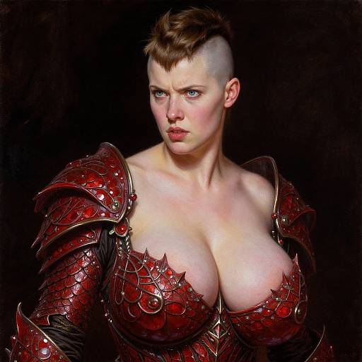 Digital art of a muscular, fair-skinned, blue-eyed, androgynous warrior with short, brown, undercut hair, wearing red, scale